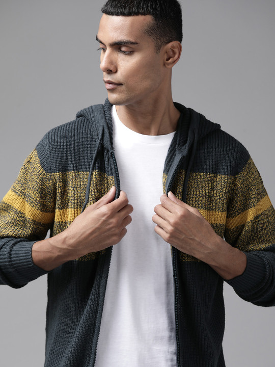 Roadster Men Navy Blue & Mustard Yellow Striped Hooded Cardigan