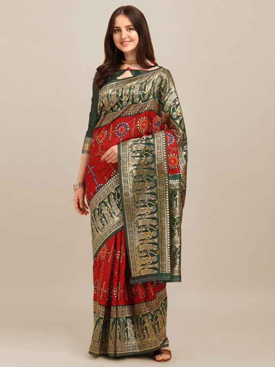 Mitera Red & Green Woven Design Zari Banarasi Saree