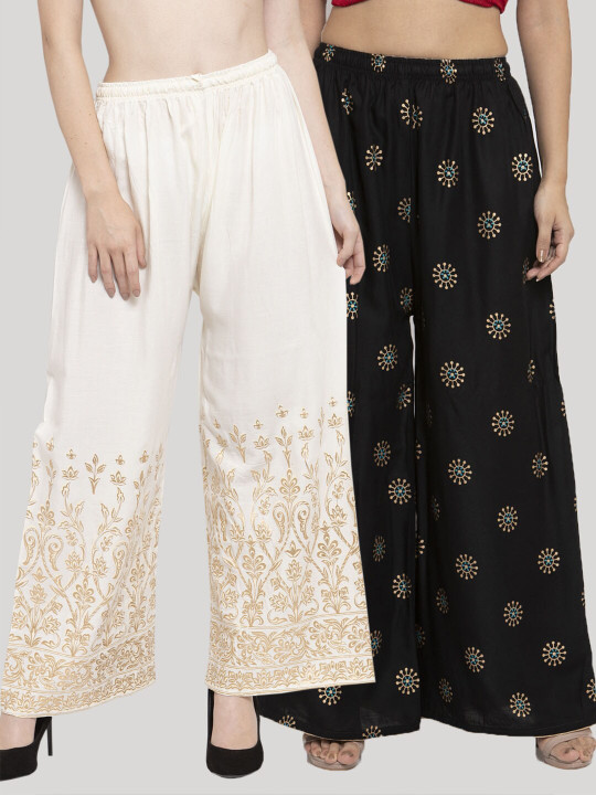 Clora Creation Women Black & Cream-Coloured 2 Floral Printed Knitted Ethnic Palazzos