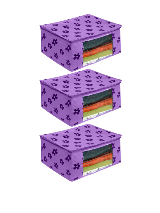 prettykrafts Set Of 3 Purple & Transparent Printed Saree Organisers