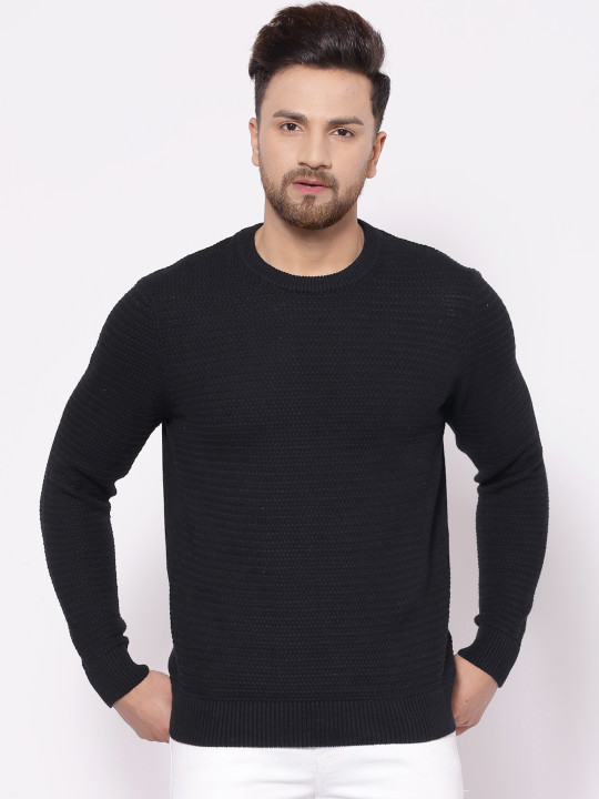 Red Tape Men Black Self Design Pullover Sweater