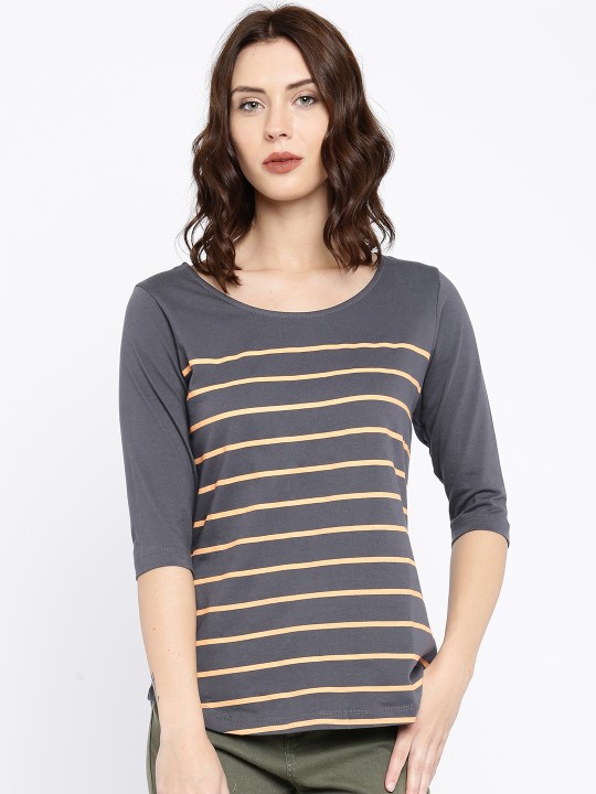 Women Charcoal Striped Round Neck T-Shirt XS