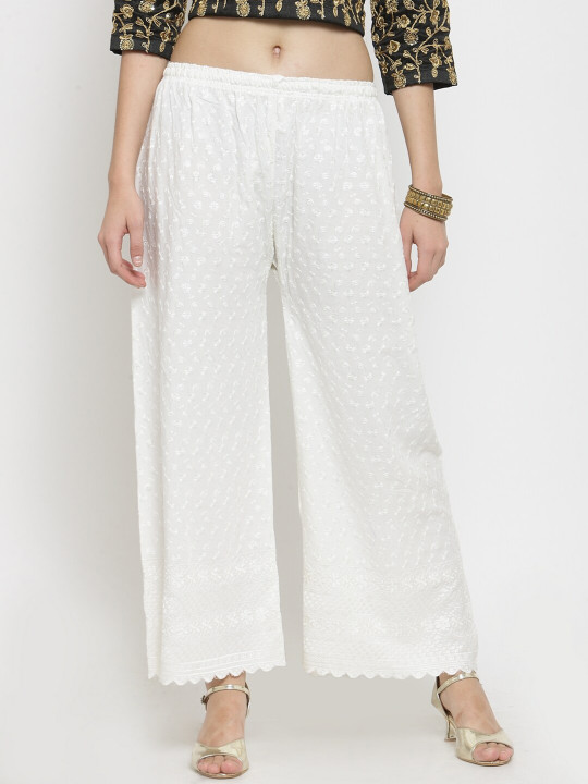 Clora Creation Women Off White Floral Embroidered Palazzos