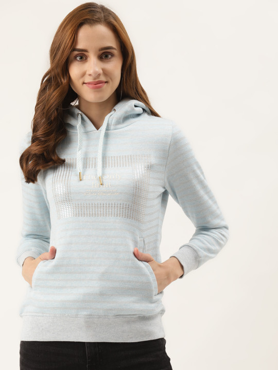 Duke Women Blue & Silver Striped Hooded Sweatshirt