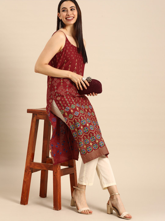 Anouk Women Red Floral Off-Shoulder Kurta