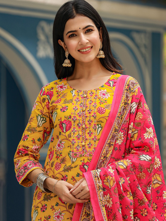 AHIKA Women Mustard Yellow & Pink Ethnic Motifs Print Kurta with Trousers & Dupatta