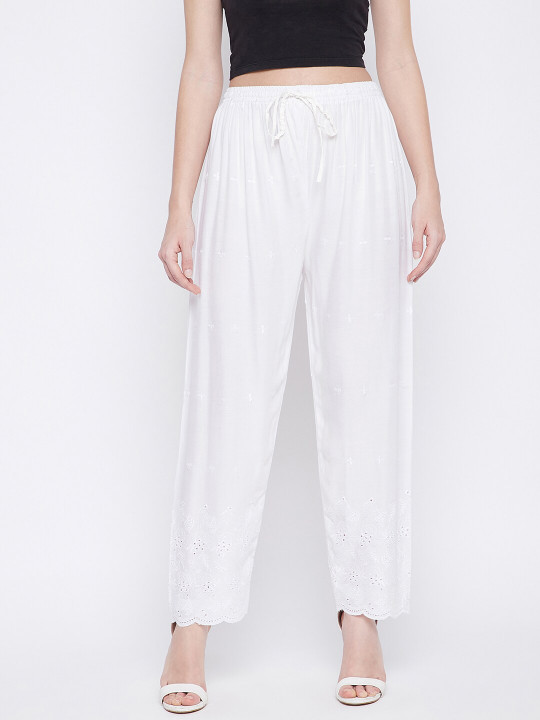 Clora Creation Women White Floral Embroidered Chikankari Knitted Palazzos