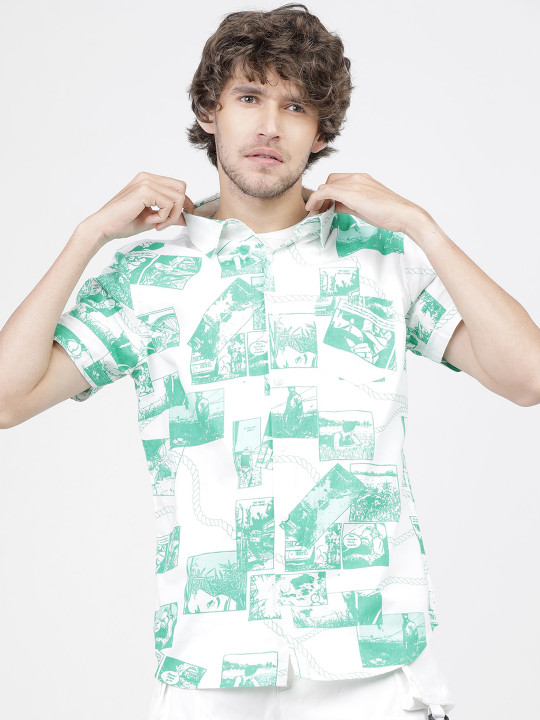 HIGHLANDER Men White Slim Fit Floral Opaque Printed Casual Shirt