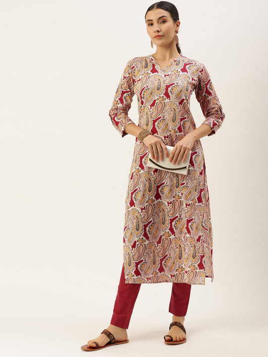 Saanjh Women White Paisley Printed Regular Pure Cotton Kurta with Palazzos