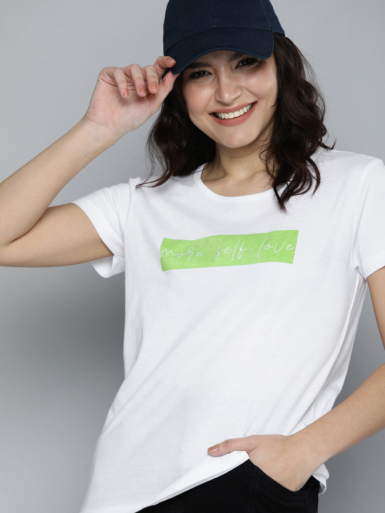 HERE&NOW HERENOW Women White Green Typography Printed Pure Cotton T-shirt