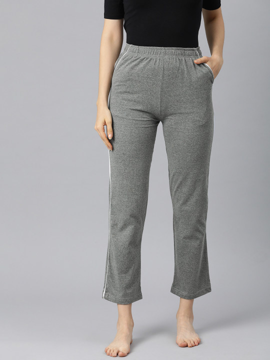 NOT YET by us Women Grey Solid Cotton Lounge Pants with Side Straps