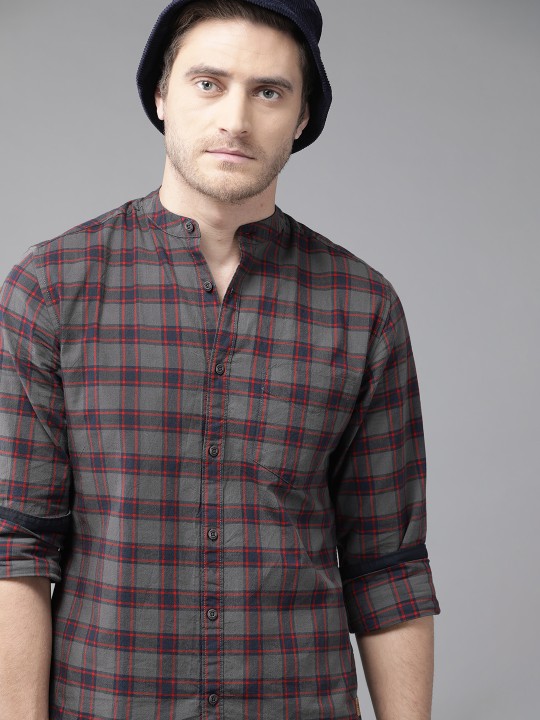 Roadster Men Charcoal grey & Navy Blue Pure Cotton Tartan Checked Sustainable Casual Shirt