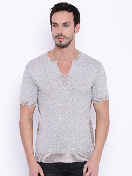 Men Grey Solid Sweater M