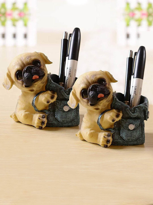 TIED RIBBONS Set Of 2 Multicoloured Cute Dog Pen Stand Desk Organizer
