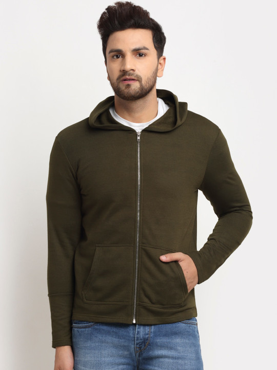 DOOR74 Men Olive Green Hooded Sweatshirt