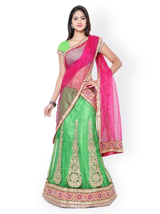 Pink & Green Embroidered Net Semi-Stitched Lehenga Choli with Dupatta