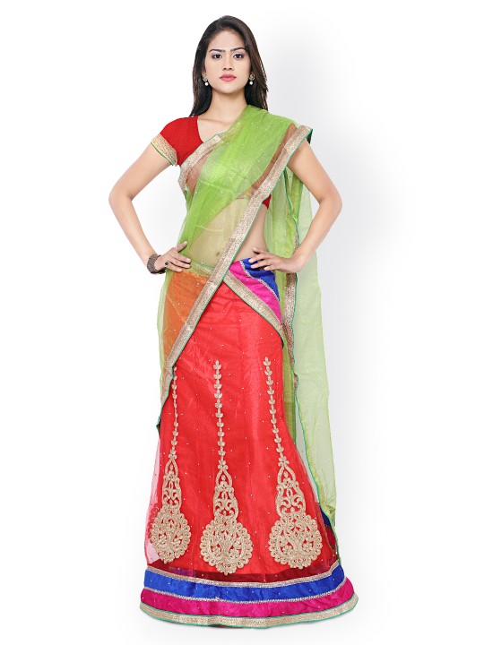 Red & Green Embroidered Net Semi-Stitched Lehenga Choli with Dupatta