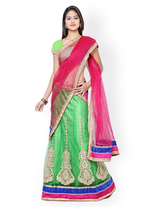 Green Embroidered Net Semi-Stitched Lehenga Choli with Dupatta
