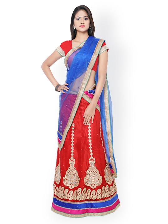 Red & Blue Embroidered Net Semi-Stitched Lehenga Choli with Dupatta