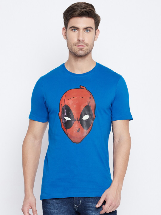 Marvel by Wear Your Mind Men Blue Red Deadpool Printed Cotton Pure Cotton T-shirt
