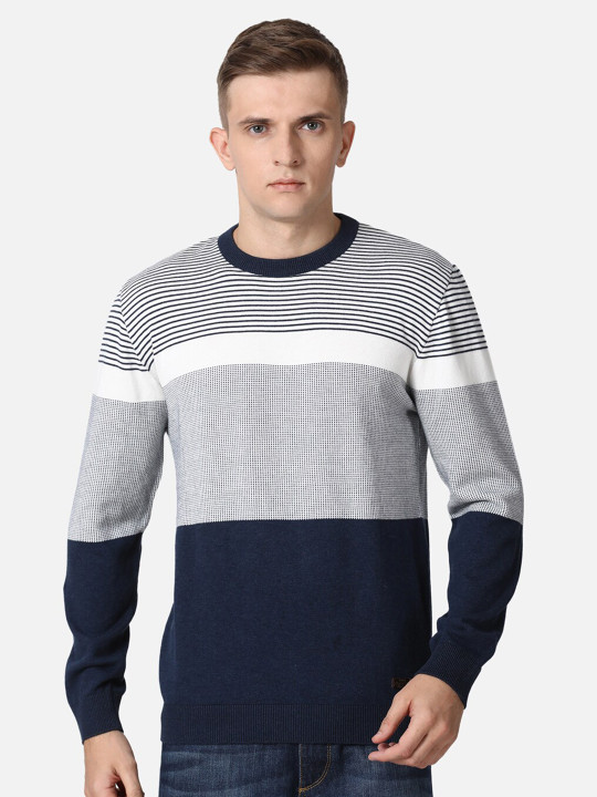 t-base Men Navy Blue & Grey Striped Cotton Pullover