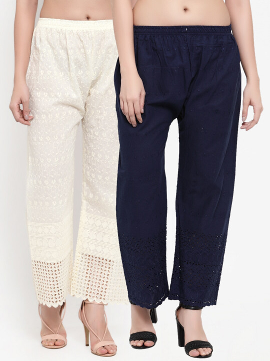 Miaz Lifestyle Women Off White & Navy Blue Pack Of 2 Floral Embroidered Ethnic Palazzos