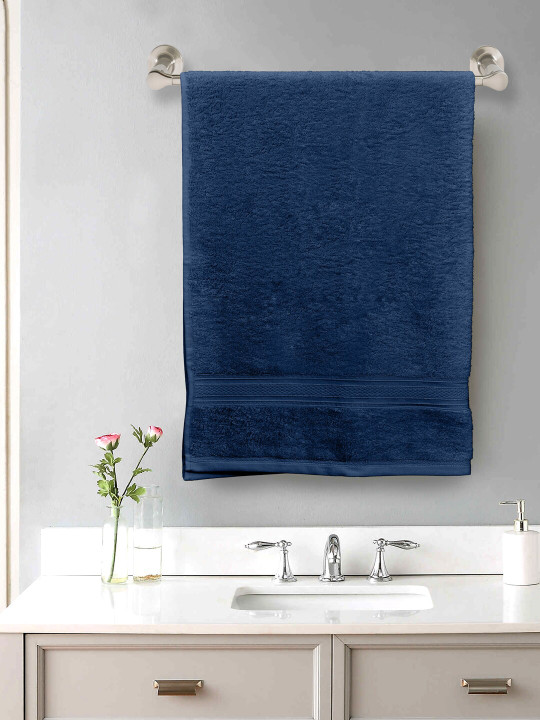 Home Fresh Navy Blue Solid Pure Cotton 550GSM Breathable Adult Regular Bath Towel-59x30In
