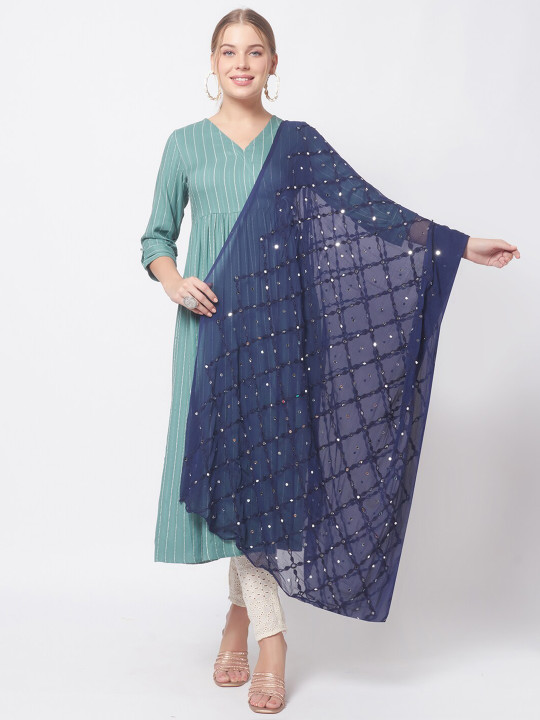 Dupatta Bazaar Navy Blue Embroidered Dupatta with Mirror Work