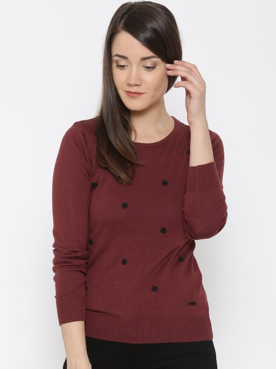 Women Maroon Embellished Sweater S