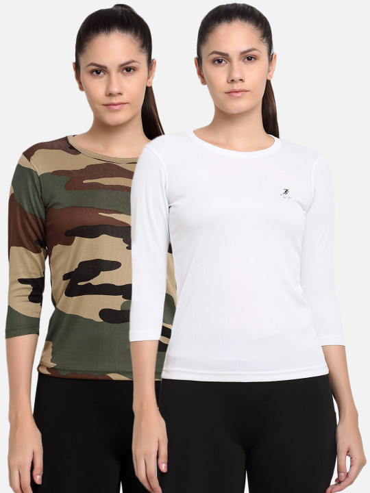 ARMISTO Women Pack Of 2 Olive Green & White Dri-FIT Slim Fit Training or Gym T-shirt