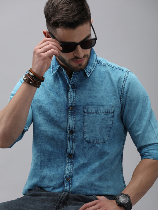 Roadster The Lifestyle Co Men Blue Solid Cotton Denim Casual Shirt