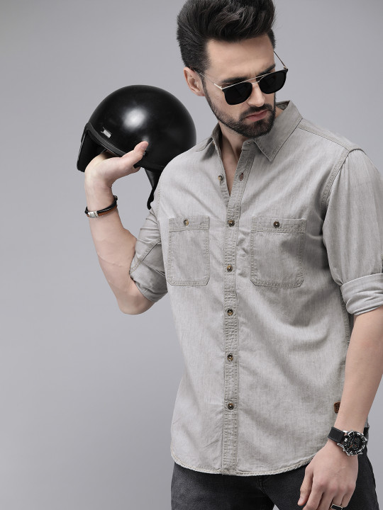 Roadster Men Grey Solid Regular Fit Cotton Casual Shirt