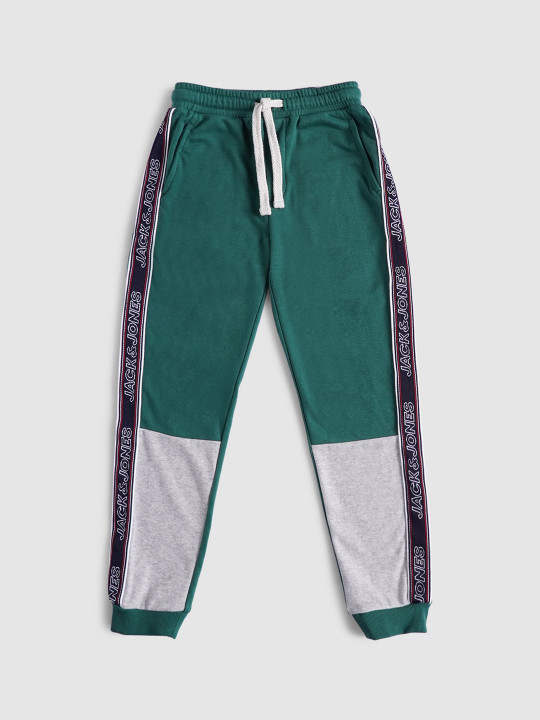 Jack & Jones Boys Green & Grey Colourblocked Regular Fit Cotton Joggers