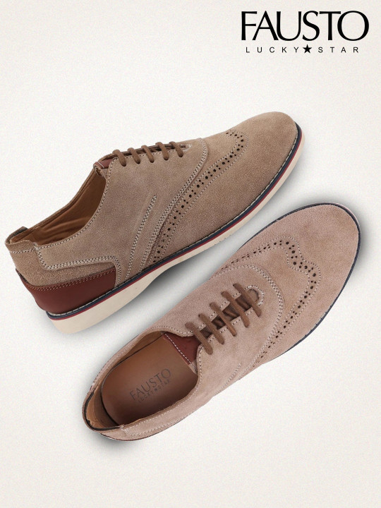 FAUSTO Men Brown Perforations Suede Oxfords