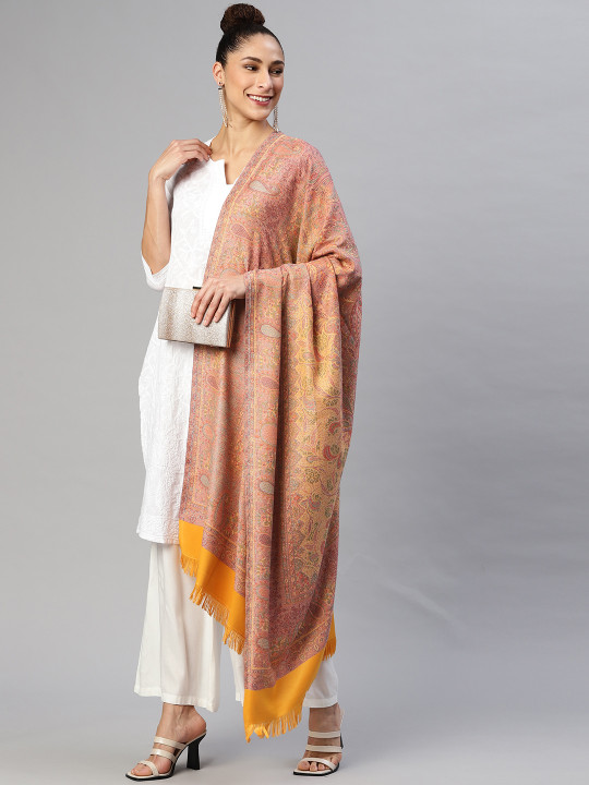 WEAVERS VILLA Women Yellow Paisley Woven Design Winter Shawl
