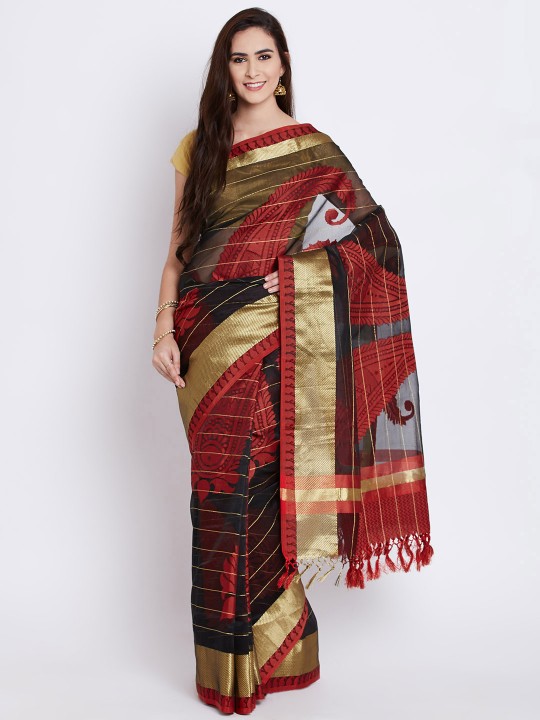 Black Striped Paisley Patterned Art Silk Banarasi Saree