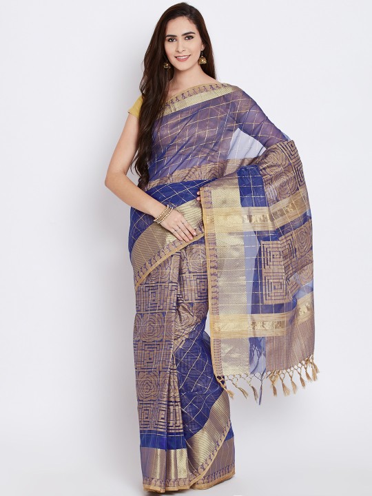 Blue Checked Pattern Art Silk Banarasi Saree