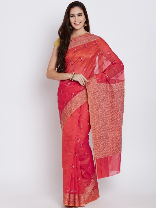 Red Floral Embroidered Supernet Moonga Cotton Banarasi Saree