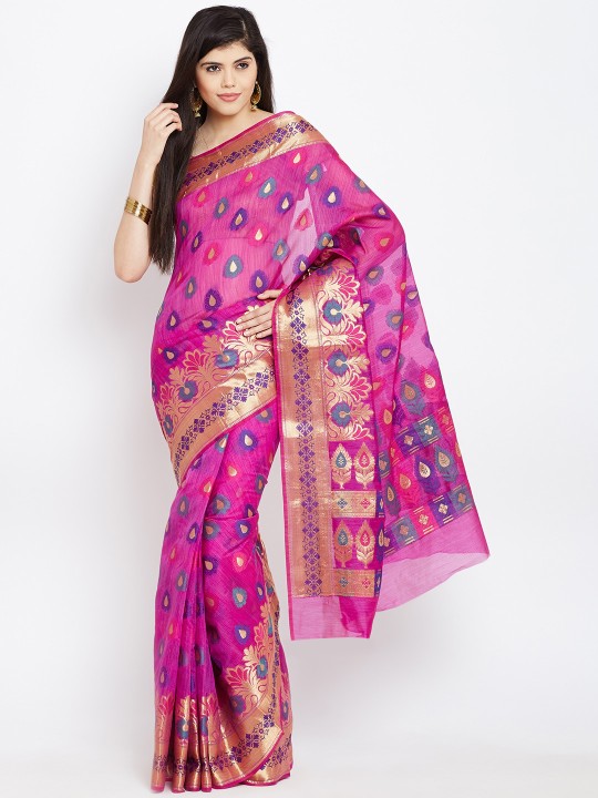 Magenta Patterned Linen Art Silk Banarasi Saree