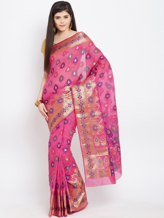 Pink Patterned Linen Art Silk Banarasi Saree