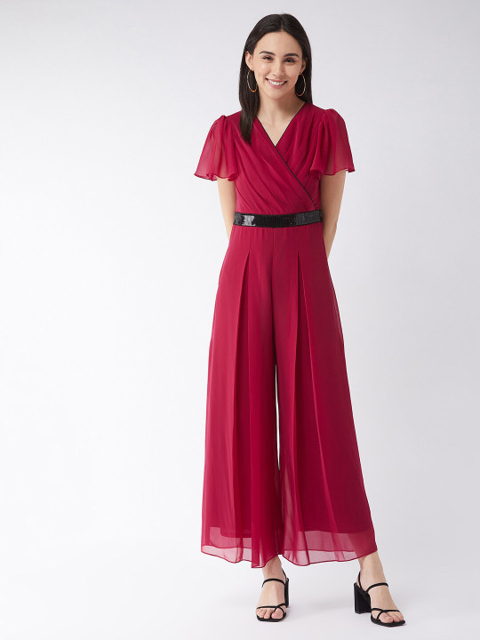 Miss Chase Pink Solid Relaxed Fit Short Sleeve V-Neck Ankle-Length Straight Jumpsuit