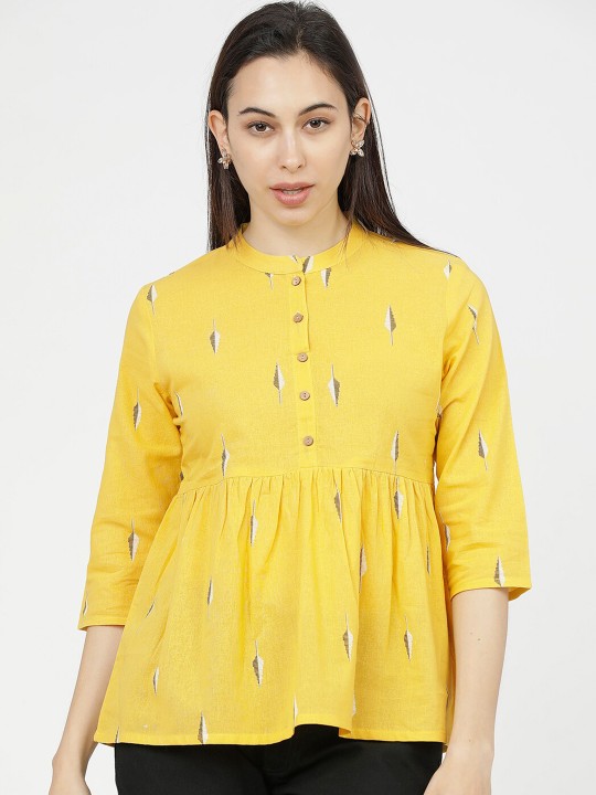 Vishudh Yellow Geometric Mandarin Collar A-Line Top