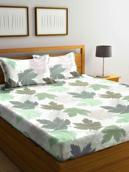 Multicoloured Leaf Polyester 144 TC Queen Bedsheet with 2 Pillow Covers-87 x 91 inches