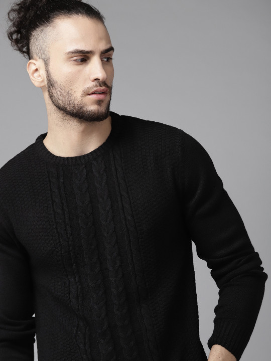 Roadster The Lifestyle Co Men Black Solid Cable Knit Pullover