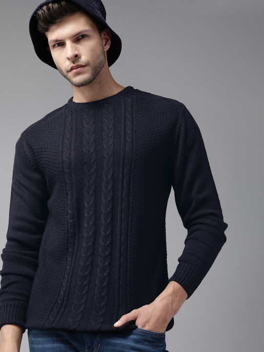 Roadster The Lifestyle Co Men Navy Blue Self Design Cable Knit Pullover