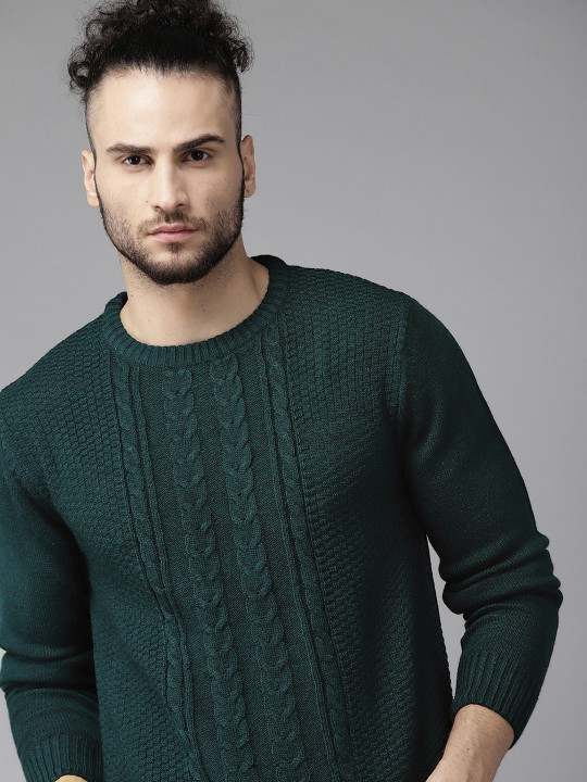 Roadster The Lifestyle Co Men Green Cable Knit Pullover