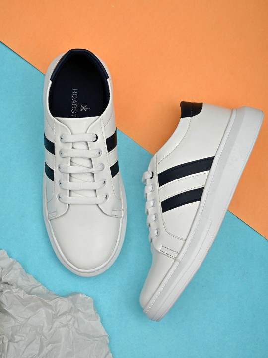 Roadster The Lifestyle Co Men White Striped Leather Slip-On Sneakers
