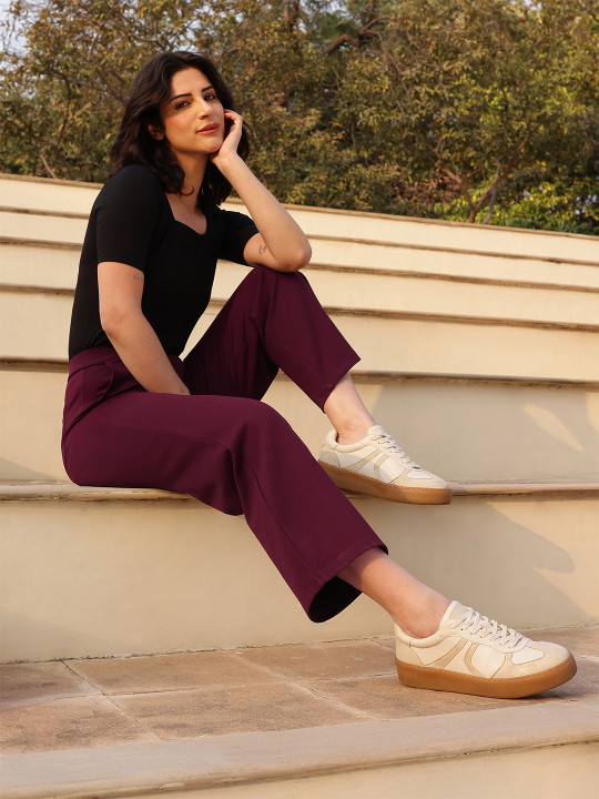 FABLE STREET Women Maroon LivIn Wide Leg Mid-Rise Pant