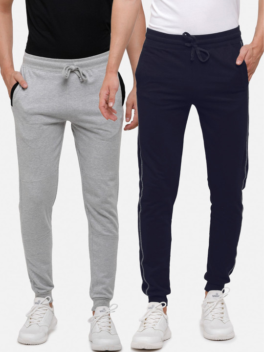 MADSTO Men Pack of 2 Navy Blue & Grey Solid Pure Cotton Joggers