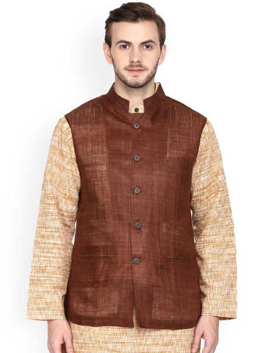 Brown Silk Nehru Jacket M